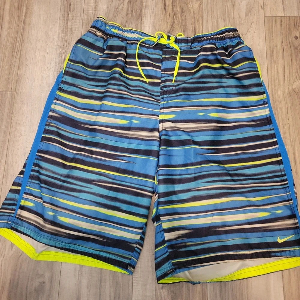 Nike Swim Trunks, Mens XL Board Shorts Mesh Lined,‎ Blue Neon Drawstring Waist